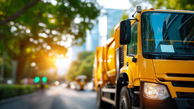 Truck road urban recycling waste, garbage services transportation, display waste management, operations moment sanitation, vehicle activity defocused, urban background, with copy s