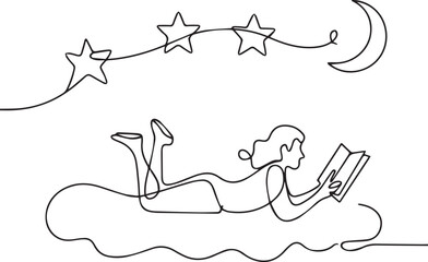 A woman lies on her stomach reading a book under a starry night sky with a crescent moon shining