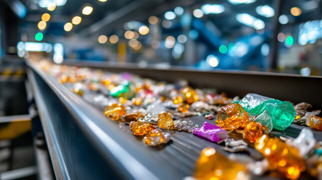 Moving conveyor transporter modern waste, recycling processing plant, separate sorting garbage, collection storage further, disposal industrial display, defocused facility backgrou