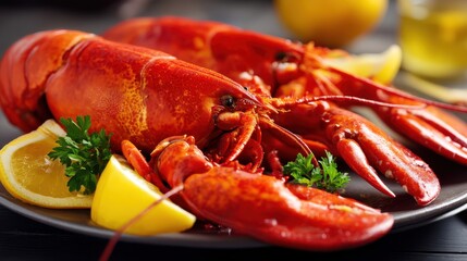 A cooked lobster is placed on a plate with lemon wedges and fresh green herbs. The setting appears to be a dining table ready for a meal.
