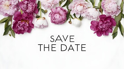 Save the Date Wedding Invitation Template with Pink Peony Floral Border. Elegant Spring Celebration Concept.
