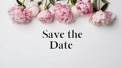 Save the Date Wedding Invitation Template with Pink Peony Floral Border. Elegant Spring Celebration Concept.