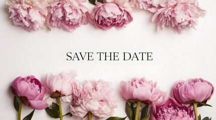 Save the Date Wedding Invitation Template with Pink Peony Floral Border. Elegant Spring Celebration Concept.