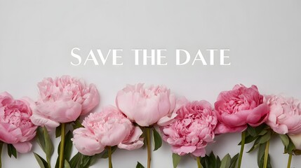 Save the Date Wedding Invitation Template with Pink Peony Floral Border. Elegant Spring Celebration Concept.