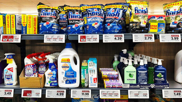 ISERLOHN, GERMANY &mdash; DECEMBER 29 2025: various cleaning products displayed on supermarket shelf in Lidl store highlighting household supplies and everyday shopping