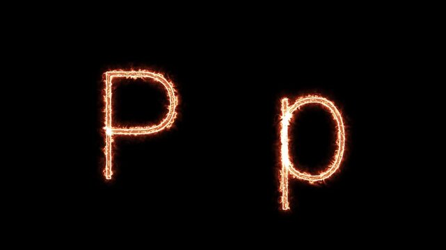 Fiery glowing capital and lowercase letter P animation on black background, burning alphabet typography effect for dramatic titles, intros, and logo design.