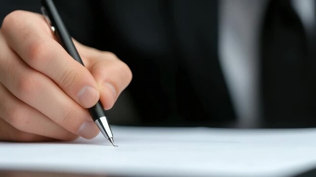 Hand writing on paper during a meeting in an office setting with a business suit
