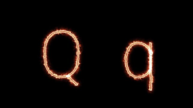 Fiery glowing capital and lowercase letter Q animation on black background, burning alphabet typography effect for dramatic titles, intros, and logo design.