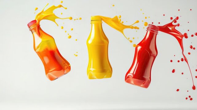 Video Three glass bottles filled with ketchup and colored liquids, great for food or demonstration purposes