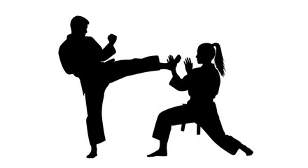 Obraz premium Black silhouettes of karate fighters in sparring stance with dynamic high kick, design for martial arts schools, tournament promotion and sports motivation posters. Transparent background SVG version.