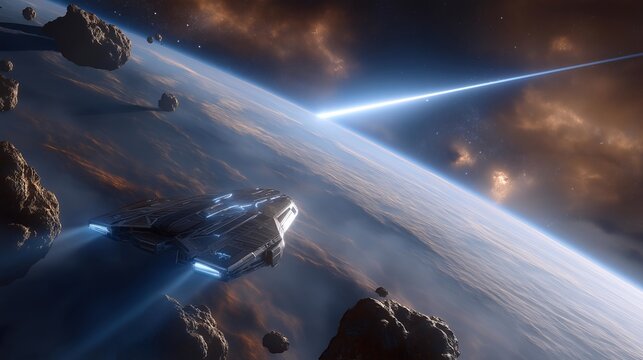 Amidst swirling stars, an asteroid is being destroyed with a laser beam, reflecting advanced science fiction notions of planetary protection and the innovative designs of intergalactic warfare