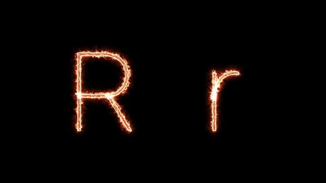 Fiery glowing capital and lowercase letter R animation on black background, burning alphabet typography effect for dramatic titles, intros, and logo design.