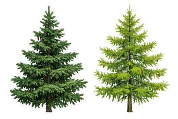 Obraz premium Two diverse evergreen coniferous trees, a dark green spruce and a lighter green larch, showing natural branches and texture