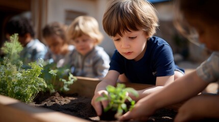 Preschool children playing together in a garden area, planting seeds and learning about nature, emphasizing hands-on activities that promote growth and understanding in early childhood education.