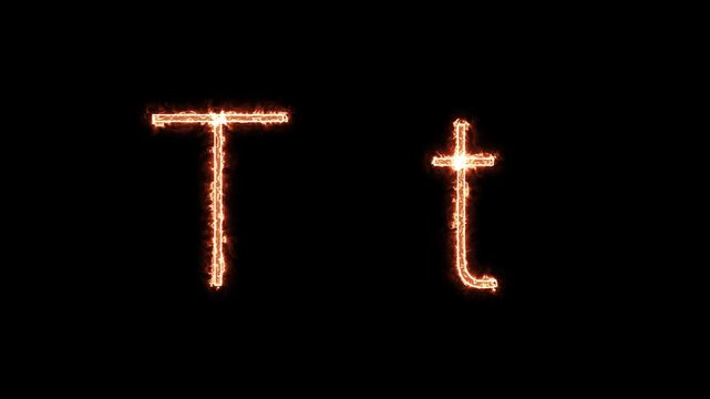 Fiery glowing capital and lowercase letter T animation on black background, burning alphabet typography effect for dramatic titles, intros, and logo design.