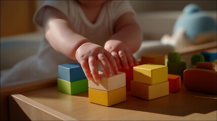 A delightful image of baby hands interacting with a variety of colorful wooden toys on a table, emphasizing creativity and engagement in a playful environment. cinematic color correction, natural