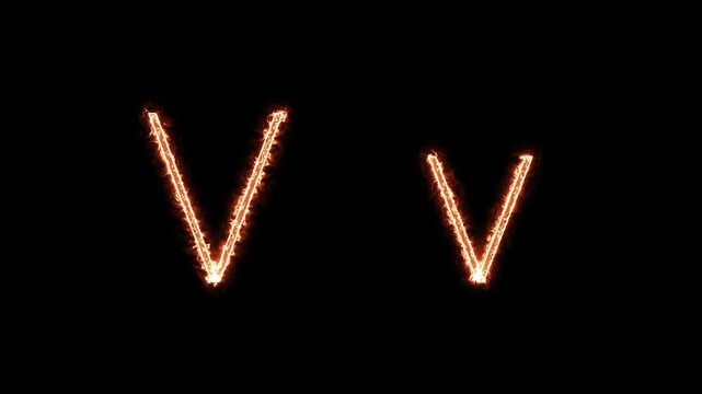 Fiery glowing capital and lowercase letter V animation on black background, burning alphabet typography effect for dramatic titles, intros, and logo design.