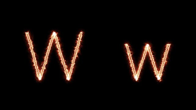 Fiery glowing capital and lowercase letter W animation on black background, burning alphabet typography effect for dramatic titles, intros, and logo design.