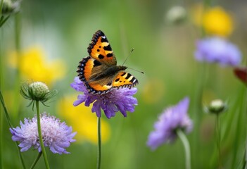 Obraz premium Butterfly with vibrant orange and black wings rests on a delicate purple wildflower