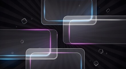 Abstract digital background with glowing glass panels and dark rays