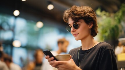 A busy coffee shop buzzing with patrons as one person engages in online shopping, browsing through an app on a smartphone, illustrating how e-commerce is integrated into daily life. cinematic color