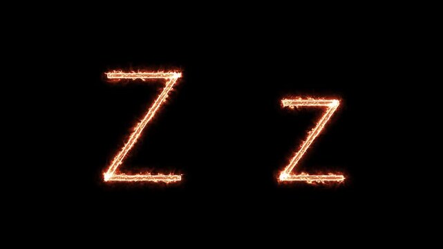 Fiery glowing capital and lowercase letter Z animation on black background, burning alphabet typography effect for dramatic titles, intros, and logo design.
