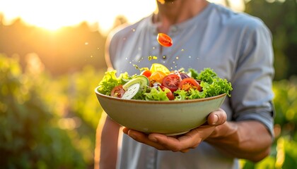 A person holds a fresh, colorful salad bowl outdoors, with the sun setting in the background