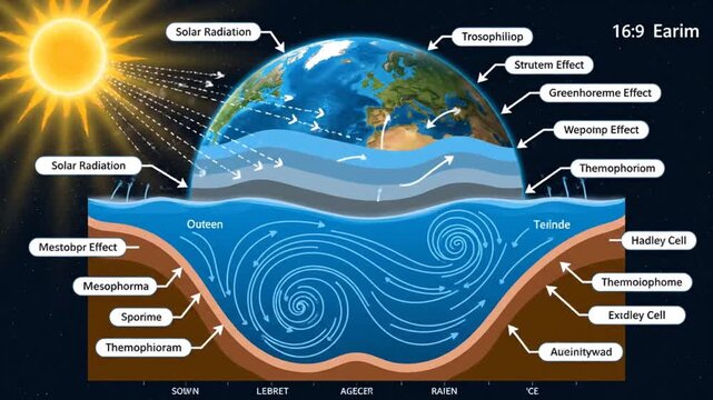 Educational diagram illustrating Earth's atmosphere layers, solar radiation, greenhouse effect, and atmospheric circulation.