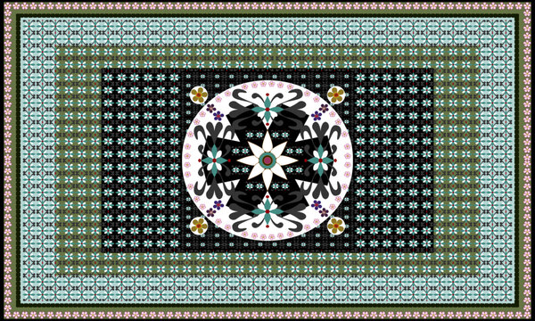 Persian carpet design, embroidered floral pattern, traditional palestinian tatreez, arabian ornamental carpet in green colors, vector illustration