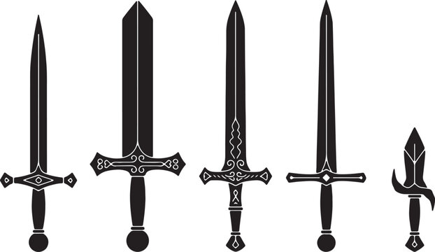 Five Black and White Detailed Swords with Ornate Handles and a Dagger also transparent background