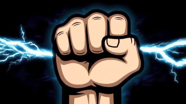 Dynamic Power Fist with Electrifying Blue Lightning Energy Bursting on Dark Background.