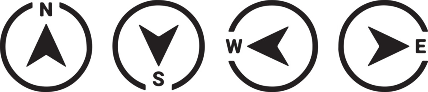 Four compasses with directional arrows pointing north south east and west also transparent background