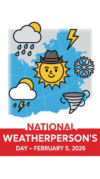 Cartoon sun wearing hat on weather map with various icons