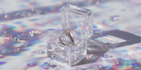 Floating open transparent acrylic box featuring a sparkling iridescent diamond ring on a solid pearl white background for a surreal luxury wedding concept.