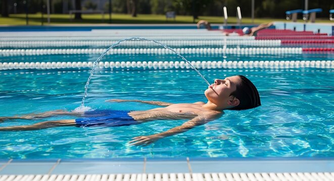 Young boy relaxes floating on his back in a sunlit swimming pool while spitting a stream of water in an arc