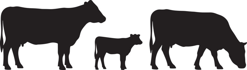 Three black silhouette cows standing in a row with a smaller calf in the middle also transparent background © Pixel With MH
