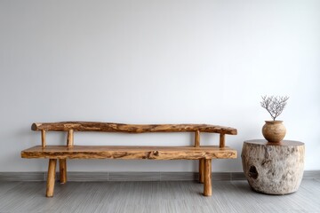 Rustic wooden bench and unique log table complement minimalist interior design.