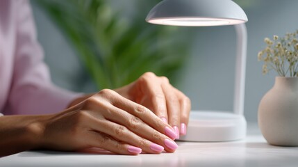 Female manicure under uv lamp with pink nail polish on caucasian hands