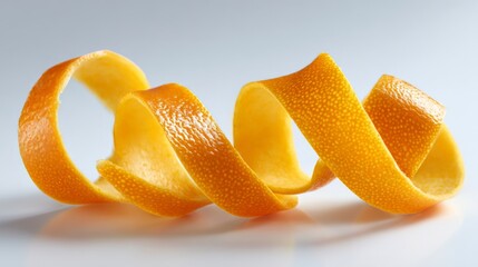 Close-up of twisted orange peel on white background