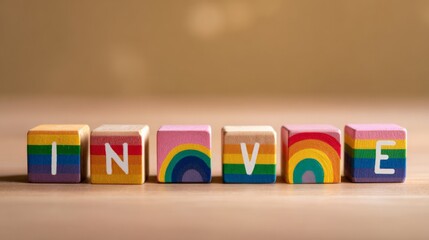 Colorful wooden block letters arranged in pride rainbow pattern