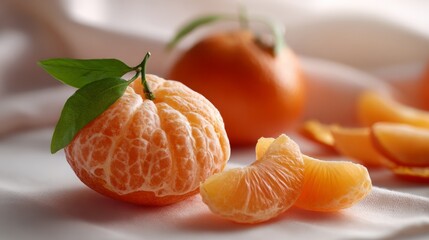 Fresh ripe mandarins with leaves and peeled segments on white fabric