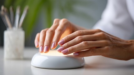 Female hands receiving pink manicure under uv light