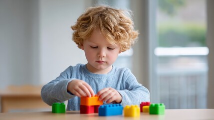 Caucasian male child building with colorful blocks indoors