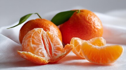 Fresh juicy oranges with leaves on white fabric background