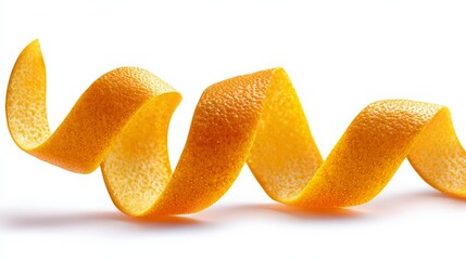 Curled orange peel on white background with water droplets