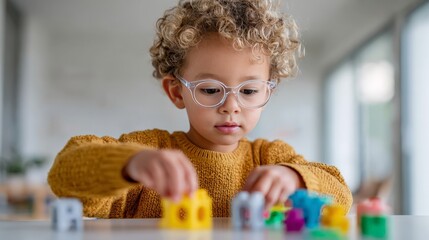 Young caucasian child playing with colorful toy blocks in bright room setting