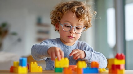 Young caucasian child building with colorful blocks indoors