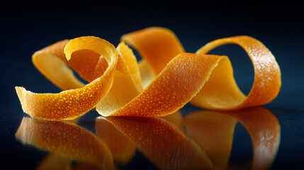 Curled orange peel on reflective surface with dark background