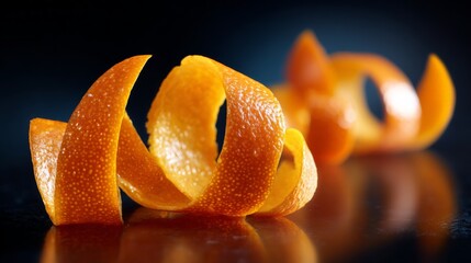 Curled orange peels with reflective surface and dark background