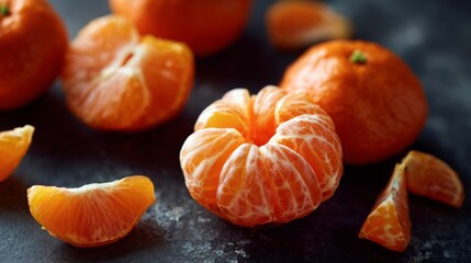 Fresh juicy tangerines on dark rustic background with peeled segments